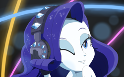 Size: 1359x850 | Tagged: safe, artist:vinilyart, rarity, better together, equestria girls, the other side, eyeshadow, female, headphones, laser lights, makeup, one eye closed, smiling, solo, wink