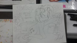 Size: 1024x577 | Tagged: safe, artist:andypriceart, dj pon-3, vinyl scratch, oc, pony, unicorn, headphones, karaoke, photo, traditional art