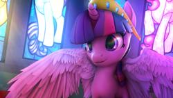 Size: 3840x2160 | Tagged: safe, artist:lunar57, derpibooru import, twilight sparkle, twilight sparkle (alicorn), alicorn, pony, 3d, beautiful, beautiful eyes, big crown thingy, cute, element of magic, female, high res, horn, jewelry, looking at something, pretty, rainbow, regalia, solo, source filmmaker, spread wings, twiabetes, wallpaper, wings