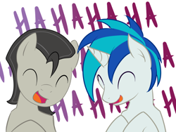 Size: 1200x900 | Tagged: safe, artist:staticwave12, dj pon-3, octavia melody, octavius, record scrape, vinyl scratch, earth pony, pony, ask, ask record scrape, dj col-7, duo, duo male, laughing, male, rule 63, tumblr
