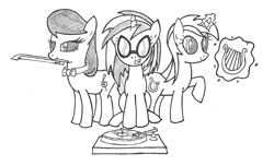 Size: 2064x1252 | Tagged: safe, artist:staticwave12, dj pon-3, lyra heartstrings, octavia melody, vinyl scratch, earth pony, pony, monochrome, sketch