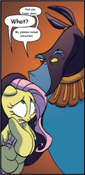 Size: 537x1101 | Tagged: safe, artist:jay fosgitt, edit, idw, ahuizotl, fluttershy, pegasus, pony, spoiler:comic, spoiler:comicff32, frown, jimmies, meme, rustled my jimmies, scared, text edit, wide eyes