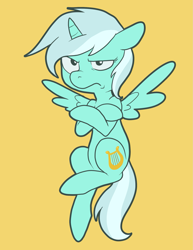 Size: 1487x1925 | Tagged: safe, artist:pixel-prism, lyra heartstrings, alicorn, pony, alicornified, everyone is an alicorn, frown, lyra is not amused, lyracorn, race swap, raised eyebrow, simple background, solo, unamused, yellow background