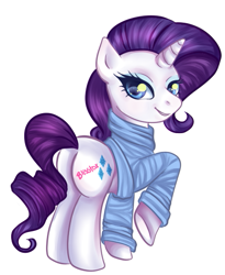 Size: 445x543 | Tagged: safe, artist:blisstox, rarity, pony, unicorn, butt, clothes, female, head turn, looking at you, mare, plot, raised hoof, signature, simple background, smiling, solo, sweater, white background