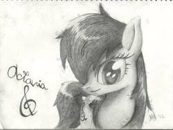 Size: 3288x2469 | Tagged: safe, artist:drizziedoodles, octavia melody, earth pony, pony, high res, messy mane, monochrome, solo, traditional art