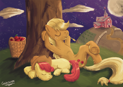 Size: 1754x1240 | Tagged: safe, artist:gaiascope, apple bloom, applejack, earth pony, pony, anatomically incorrect, crossed legs, duo, female, incorrect leg anatomy, night, sisters, sleeping, under the tree