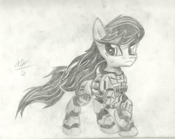 Size: 2906x2312 | Tagged: safe, artist:drizziedoodles, octavia melody, earth pony, pony, armor, crossover, halo (series), monochrome, solo, spartan, traditional art