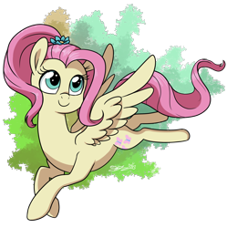 Size: 1080x1085 | Tagged: safe, artist:espeonna, fluttershy, pegasus, pony, abstract background, alternate hairstyle, cute, flower, flower in hair, ponytail, shyabetes, smiling, solo