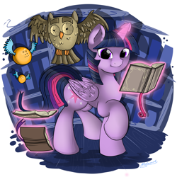 Size: 5000x5000 | Tagged: safe, artist:malamol, derpibooru import, owlowiscious, twilight sparkle, twilight sparkle (alicorn), alicorn, pony, absurd resolution, book, female, magic, mare, telekinesis