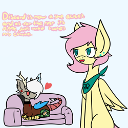 Size: 1000x1000 | Tagged: safe, artist:lesbian-fluttershy, discord, fluttershy, draconequus, pegasus, pony, alternate hairstyle, discoshy, female, heart, lesbian, lesbian fluttershy, male, missing cutie mark, shipping, sofa, straight, transgender