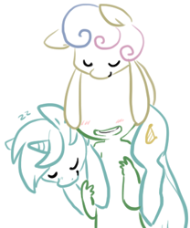 Size: 314x378 | Tagged: safe, artist:php27, bon bon, lyra heartstrings, sweetie drops, oc, oc:anon, blushing, carrying, cute, eyes closed, hug, lyrabonanon, open mouth, pony hat, sleeping, smiling, you gets all the mares, zzz