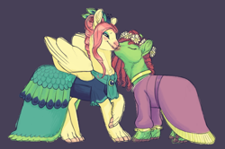Size: 1262x839 | Tagged: safe, artist:jayrockin, fluttershy, tree hugger, earth pony, pegasus, pony, clothes, dress, duo, eyeshadow, female, finger hooves, floral head wreath, flower, flutterhugger, gown, gray background, kiss on the cheek, kissing, lesbian, makeup, shipping, simple background, species swap, tiny sapient ungulates, whiskers