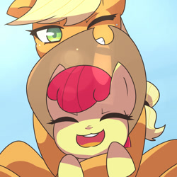 Size: 1000x1000 | Tagged: safe, artist:aquacola, apple bloom, applejack, earth pony, pony, accessory swap, adorabloom, cute, open mouth, sisters