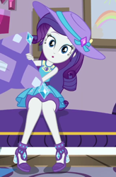 Size: 428x653 | Tagged: safe, screencap, rarity, camping must-haves, equestria girls, equestria girls series, spoiler:eqg series (season 2), :o, clothes, cropped, cute, female, geode of shielding, hat, high heels, legs, magical geodes, open mouth, pencil skirt, pillow, raribetes, rarity's bedroom, sexy, shoes, sitting, skirt, solo