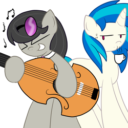 Size: 1024x1024 | Tagged: source needed, safe, artist:sailormod, dj pon-3, octavia melody, vinyl scratch, earth pony, pony, alternate universe, cello, friends, glasses, guitar, musical instrument, simple background, wat, white background