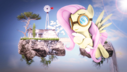 Size: 4000x2250 | Tagged: safe, artist:redaceofspades, fluttershy, dove, pegasus, pony, 3d, floating island, flying, goggles, holding, house, island, poster, solo, source filmmaker, tree, waterfall, windmill