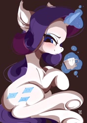 Size: 1812x2565 | Tagged: safe, artist:tohupo, rarity, pony, unicorn, blushing, coffee cup, cup, cute, female, frog (hoof), levitation, lidded eyes, magic, mare, raribetes, simple background, smiling, solo, telekinesis, underhoof