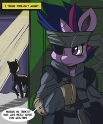 Size: 1200x1440 | Tagged: safe, artist:fauxsquared, derpibooru import, twilight sparkle, pony, bipedal, crossover, eyepatch, future twilight, headband, knife, konami, metal gear, metal gear solid, single panel, solid snake, solid sparkle, solo, tumblr:it's always sunny in canterlot