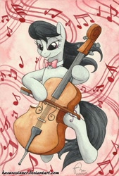 Size: 707x1043 | Tagged: safe, artist:hazurasinner, octavia melody, earth pony, pony, bipedal, cello, music notes, musical instrument, solo