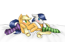 Size: 2157x1391 | Tagged: safe, artist:apple-crumbler, applejack, oc, earth pony, pony, bed, bedroom eyes, blushing, canon x oc, clothes, cuddling, female, floppy ears, leaning, male, on side, shipping, smiling, snuggling, socks, straight, striped socks