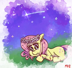 Size: 1024x964 | Tagged: safe, artist:moenii-san, fluttershy, pegasus, pony, bandaid, crying, floral head wreath, flower, looking down, night, prone, sad, shooting star, solo, teary eyes, wingless