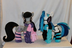 Size: 800x533 | Tagged: safe, artist:karasunezumi, dj pon-3, octavia melody, vinyl scratch, earth pony, pony, clothes, irl, photo, plushie, scarf, socks, striped socks