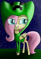 Size: 1105x1571 | Tagged: safe, artist:stormer, fluttershy, oc, pegasus, pony, chibi, clothes, creeper, creepershy, fangs, female, hoodie, mare, night, outdoors, solo, standing