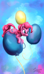 Size: 1078x1792 | Tagged: safe, artist:insanerobocat, pinkie pie, pony, balloon, cute, cutie mark, diapinkes, happy, open mouth, signature, smiling, solo