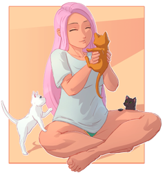 Size: 849x900 | Tagged: safe, artist:eve-ashgrove, artist:vest, fluttershy, human, collaboration, barefoot, breasts, clothes, cute, eyes closed, feet, female, green underwear, humanized, kitten, panties, shirt, shyabetes, sitting, solo, underwear