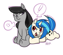 Size: 1700x1500 | Tagged: safe, artist:wherewolfs, dj pon-3, octavia melody, vinyl scratch, earth pony, pony, cutie mark, long mane, looking at each other, octavia is not amused, open mouth, prone, raised eyebrow, red eyes, simple background, sitting, unamused, white background