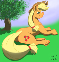 Size: 1230x1280 | Tagged: safe, artist:sailoranna, applejack, earth pony, pony, plot, prone, solo