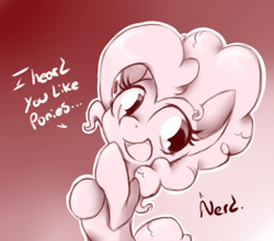 Size: 422x372 | Tagged: safe, artist:alazak, pinkie pie, earth pony, pony, dialogue, gradient background, monochrome, open mouth, rude, sketch, smiling, solo