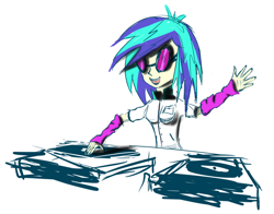 Size: 1000x784 | Tagged: safe, artist:spacehunt, dj pon-3, vinyl scratch, equestria girls, scratching, sketch, solo, sunglasses, turntable