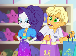 Size: 1228x916 | Tagged: safe, artist:3d4d, edit, edited screencap, screencap, ragamuffin (equestria girls), rarity, better together, equestria girls, festival filters, spring breakdown, blush sticker, blushing, female, male, rarimuffin, shipping, shopping bags, straight