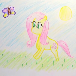 Size: 1278x1280 | Tagged: safe, artist:sumi-mlp25, fluttershy, butterfly, pegasus, pony, solo, traditional art, wingless