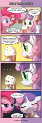 Size: 500x1475 | Tagged: safe, artist:lumineko, pinkie pie, sweetie belle, earth pony, pony, unicorn, 4koma, comic, crying, dialogue, food, ice cream, pareidolia, speech bubble