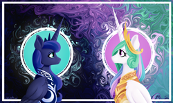 Size: 9453x5650 | Tagged: safe, artist:poecillia-gracilis19, derpibooru import, princess celestia, princess luna, alicorn, pony, absurd resolution, armor, female, halo, marbled, marbling, mare, royal sisters, siblings, sisters, wallpaper, warrior, warrior celestia, warrior luna