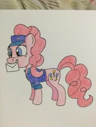 Size: 300x400 | Tagged: safe, artist:sweetiebot3000, pinkie pie, earth pony, pony, letter, mailpony, mouth hold, solo, traditional art