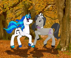 Size: 2722x2214 | Tagged: safe, artist:scorpionkissx, artist:scorpionskissx, dj pon-3, octavia melody, vinyl scratch, earth pony, pony, unicorn, g2, autumn, autumn leaves, female, forest, g4 to g2, generation leap, leaves, lesbian, scratchtavia, shipping, unshorn fetlocks