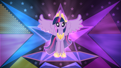 Size: 3840x2160 | Tagged: safe, artist:laszlvfx, artist:limedazzle, derpibooru import, edit, twilight sparkle, twilight sparkle (alicorn), alicorn, pony, crown, female, hoof shoes, jewelry, looking at you, mare, peytral, regalia, smiling, solo, spread wings, wallpaper, wallpaper edit, wings