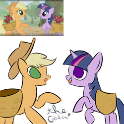 Size: 1600x1600 | Tagged: safe, artist:keychains, screencap, applejack, twilight sparkle, earth pony, pony, basket, mlp rewind art challenge, scene interpretation