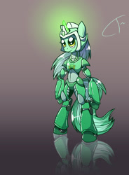Size: 1024x1395 | Tagged: safe, artist:cybertoaster, lyra heartstrings, pony, semi-anthro, unicorn, armor, bipedal, crossover, glow, glowing horn, megaman, megaman x, megamare x, ponified, smiling, solo