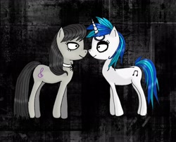 Size: 1922x1558 | Tagged: safe, artist:scorpionskissx, dj pon-3, octavia melody, vinyl scratch, earth pony, pony, unicorn, abstract background, choker, dark background, female, lesbian, mare, scratchtavia, shipping, style emulation, tim burton