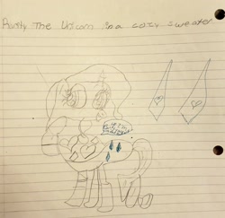 Size: 3024x2938 | Tagged: safe, artist:binkyt11's sister, rarity, pony, unicorn, clothes, context in description, diamonds, female, lined paper, mare, monochrome, partial color, solo, speech bubble, sweater, traditional art