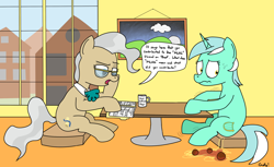 Size: 2296x1402 | Tagged: safe, artist:rapidstrike, lyra heartstrings, mayor mare, 4chan, humie, interior, interview, mlpg, resume, spaghetti, table