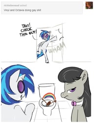 Size: 512x668 | Tagged: safe, dj pon-3, octavia melody, vinyl scratch, earth pony, pony, unicorn, ask, comic, female, frown, glare, grin, looking at you, looking back, male, mare, nose wrinkle, pointing, poop, rainbow, simple background, smiling, text, toilet, tumblr, unamused, vulgar, wat, white background