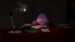 Size: 1920x1080 | Tagged: safe, alternate version, artist:creatorofpony, derpibooru import, twilight sparkle, equestria girls, /mlp/, 3d, 3d model, blender, book, curtains, desk, lamp, paper, pen, sleeping, solo, that pony sure does love books