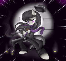 Size: 5200x4800 | Tagged: safe, artist:cyanaeolin, octavia melody, earth pony, pony, semi-anthro, absurd resolution, bipedal, clothes, coat, gun, mafia, mafia octavia, pants, scarf, solo, tommy gun