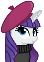 Size: 799x1133 | Tagged: safe, artist:rainbow eevee, rarity, pony, unicorn, sweet and elite, beatnik rarity, beret, bust, clothes, cute, female, french, french rarity, hat, portrait, raribetes, simple background, smiling, solo, sweater, transparent background