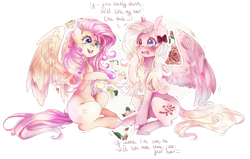 Size: 3390x2160 | Tagged: safe, artist:dream--chan, fluttershy, oc, oc:dream whisper, pegasus, pony, blushing, blushing profusely, dialogue, flower, heterochromia, ribbon, rose